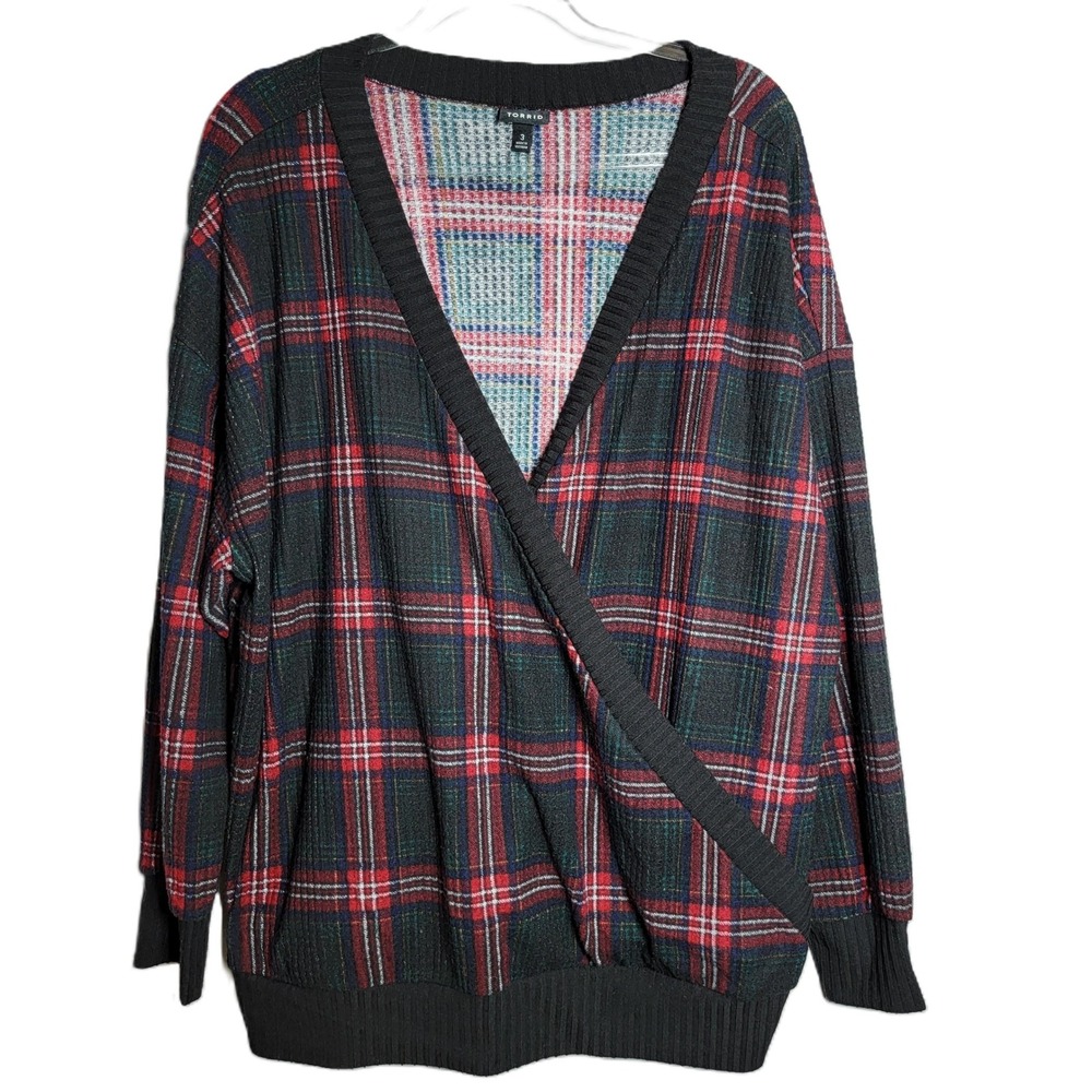 TORRID Plaid Faux Wrap Top Womens Plus Size 3X V Neck Long Sleeve Waffle Knit